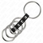 Cockring a anneaux d'acier etages montes sur sangle cuir a anneau de tete, accessoire cage penienne BDSM masculin presente seul