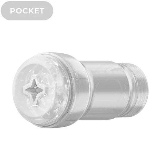 Masturbateur de poche transparent au design ouvert, canal interne en forme d'etoile visible, structure souple laissant voir chaque mouvement, format compact Pocket Kiiroo.
