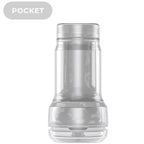 Masturbateur de poche transparent cylindrique, structure souple et canal interne visibles par transparence, format Pocket discret compatible module d'aspiration Kiiroo.