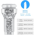 Manchon masturbateur transparent avec canal interne torsade visible et schema des dimensions, longueur 15 cm et diametre optimal indiques, materiau translucide Kiiroo.