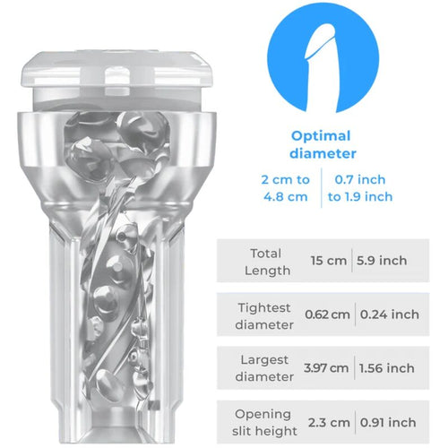 Manchon masturbateur transparent avec canal interne torsade visible et schema des dimensions, longueur 15 cm et diametre optimal indiques, materiau translucide Kiiroo.