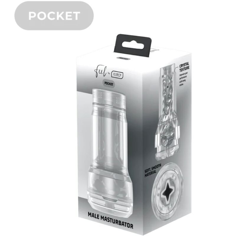 Boite Male Masturbator transparent avec visuel du canal en etoile, emballage clair gamme Pocket, manchon translucide souple laissant voir le mouvement, Kiiroo.