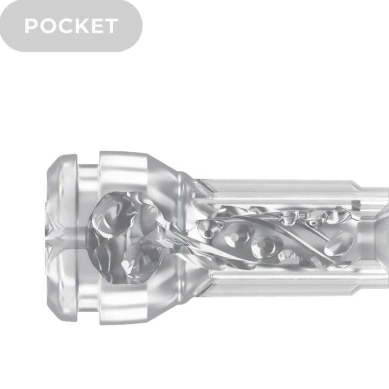 Masturbateur de poche transparent vu de l'arriere, canal interne texture visible par transparence, materiau souple et design ouvert, format compact Pocket Kiiroo.