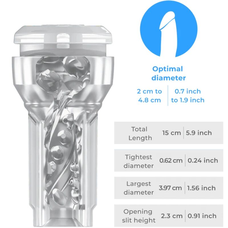 Manchon masturbateur transparent au canal torsade visible avec schema des dimensions, longueur 15 cm et diametre optimal, materiau translucide souple Kiiroo.