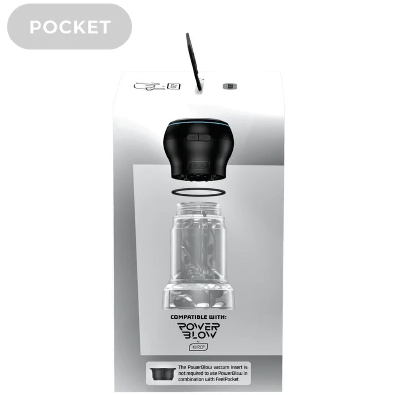 Boite du masturbateur transparent compatible PowerBlow, visuel produit translucide et mention du module d'aspiration, emballage clair gamme Pocket Kiiroo.