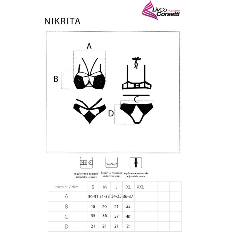 Schema technique Nikrita avec croquis du soutien-gorge et de la culotte et tableau de mesures S a XXL, ensemble dentelle strass Livco Corsetti.