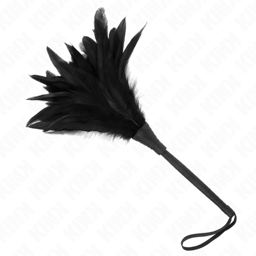 Plumeau de stimulation à plumes noires avec manche fin et dragonne, accessoire sensoriel de 36 cm pour des effleurements tout en douceur.