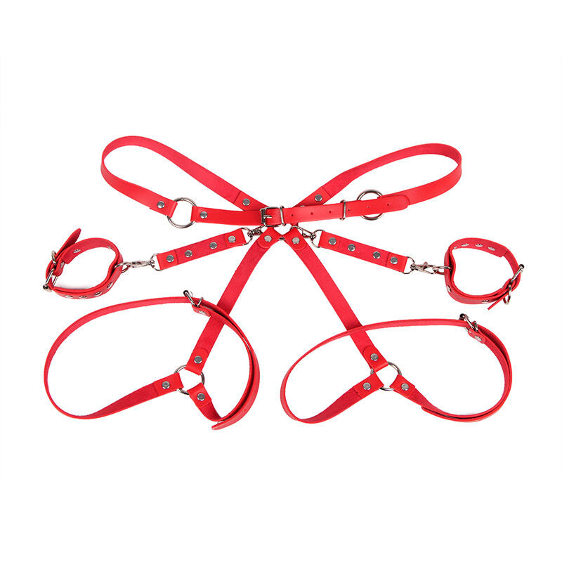 Set menottes et ceinture de bondage rouge — vue de dos