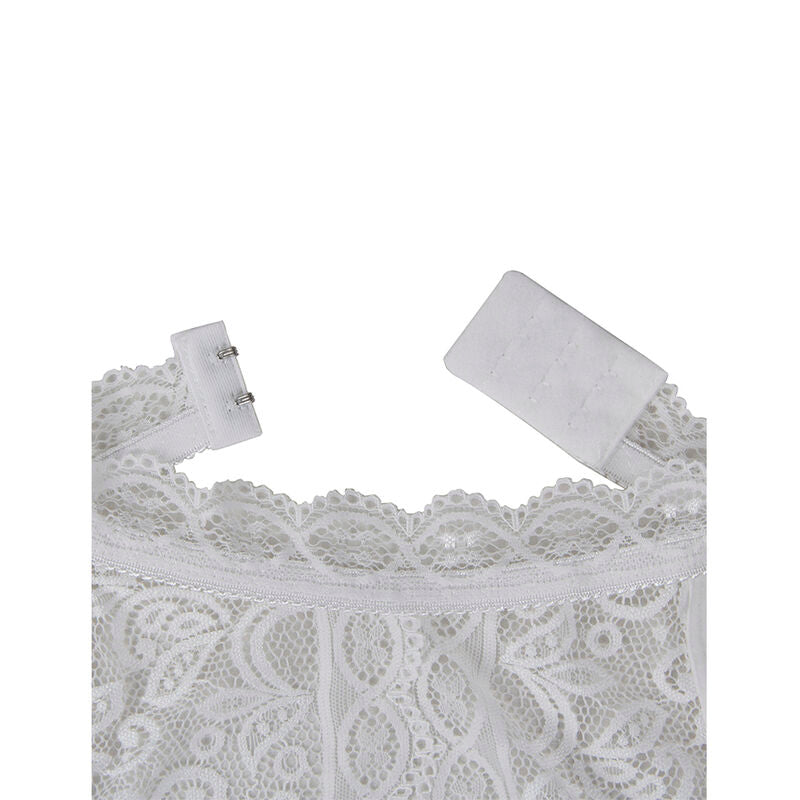 Detail de la bordure festonnee et de la fermeture du body dentelle blanche Subblime, finition ajouree, lingerie sensuelle vue produit a plat.