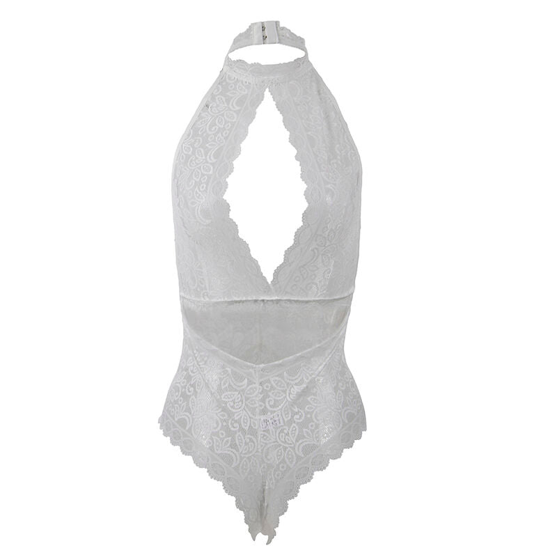 Body en dentelle blanche romantique — détail texture surface