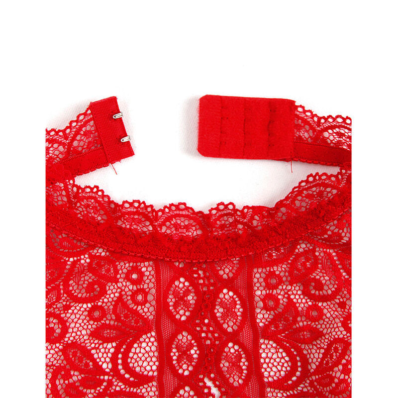 Detail du col montant en dentelle rouge du teddy Subblime pose a plat, structure du col haut et motif floral ajoure du tissu festonne.