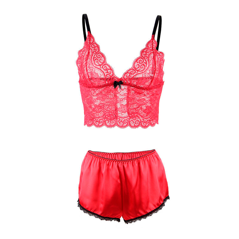 Bralette dentelle rouge a noeud et short satin rouge Subblime presentes a plat, ensemble deux pieces coordonne, vue produit sur fond blanc.