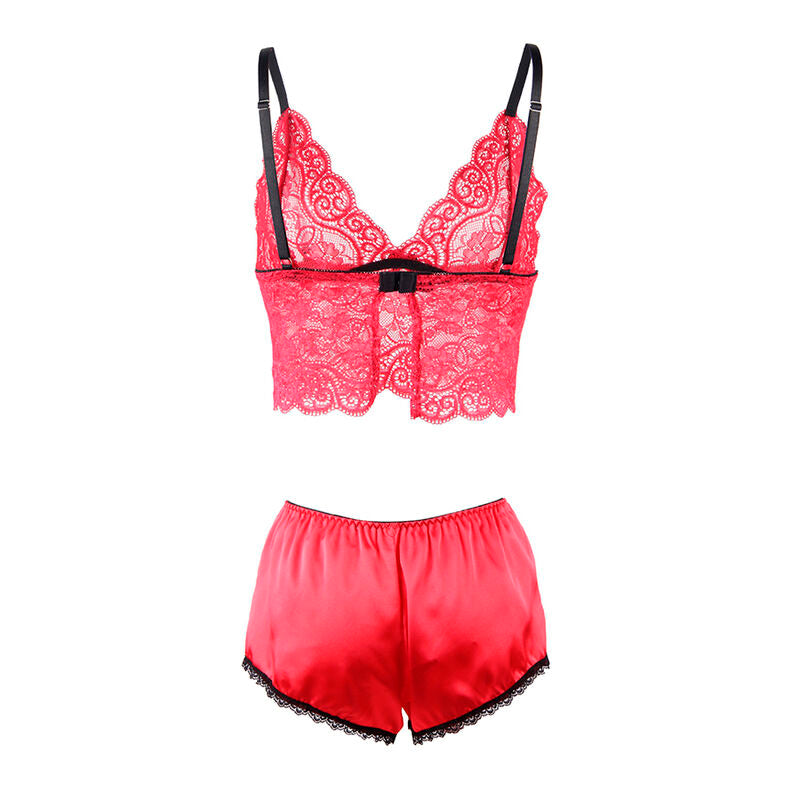 Bralette en dentelle rouge a noeud et short satin rouge Subblime a plat, bordures dentelle festonnees, vue produit de l'ensemble coordonne.