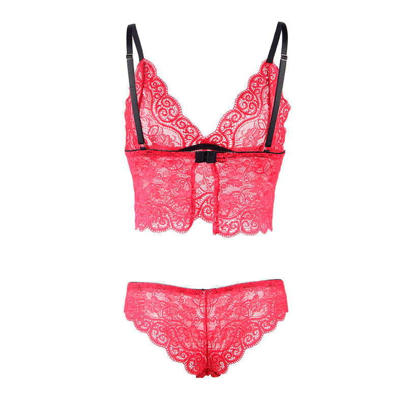 Bralette en dentelle rouge et culotte dentelle festonnee Subblime a plat, noeud central et motif floral ajoure, vue produit de l'ensemble.