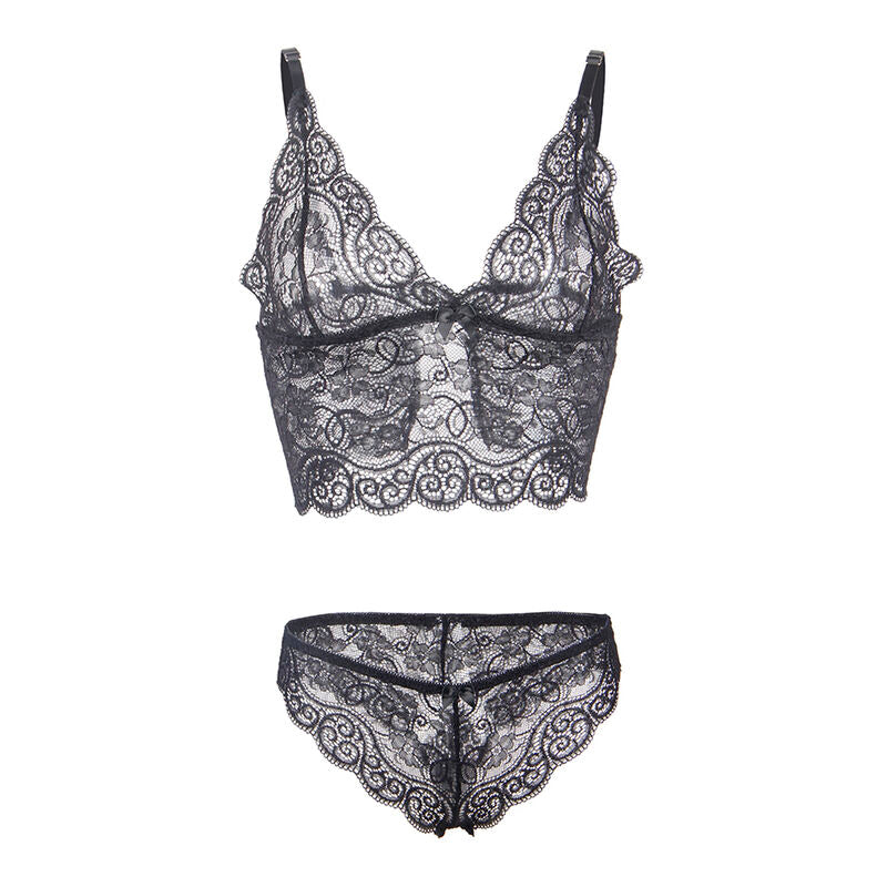 Bralette dentelle noire et culotte dentelle festonnee Subblime a plat, motif floral ajoure et bordures festonnees, vue produit de l'ensemble.