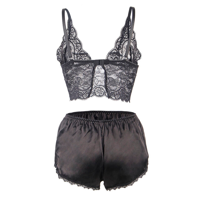 Bralette en dentelle noire festonnee et short satin noir Subblime a plat, ensemble coordonne, vue produit detaillee sur fond blanc.