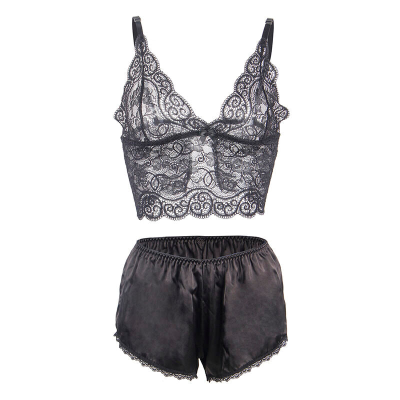 Bralette dentelle noire et short satin noir Subblime presentes a plat, ensemble deux pieces coordonne aux bordures festonnees, vue produit sur fond blanc.