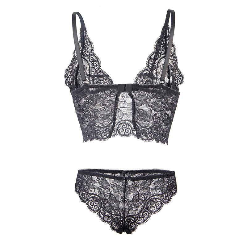 Bralette dentelle noire et culotte dentelle festonnee Subblime presentees a plat, ensemble deux pieces ajoure, vue produit sur fond blanc.