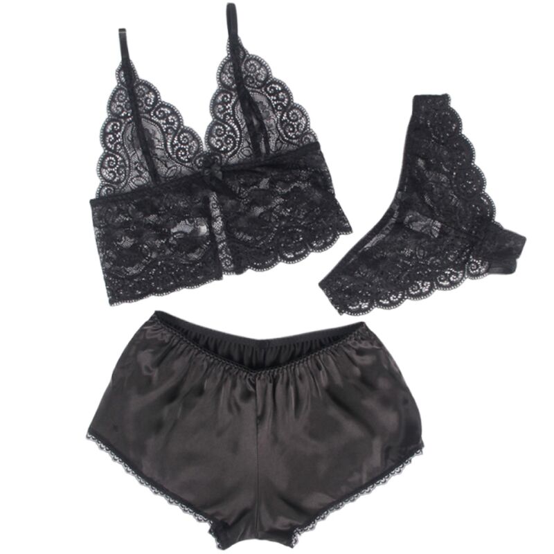 Ensemble lingerie Subblime a plat, bralette et culotte en dentelle noire festonnee avec short satin assorti, vue produit trois pieces sur fond blanc.