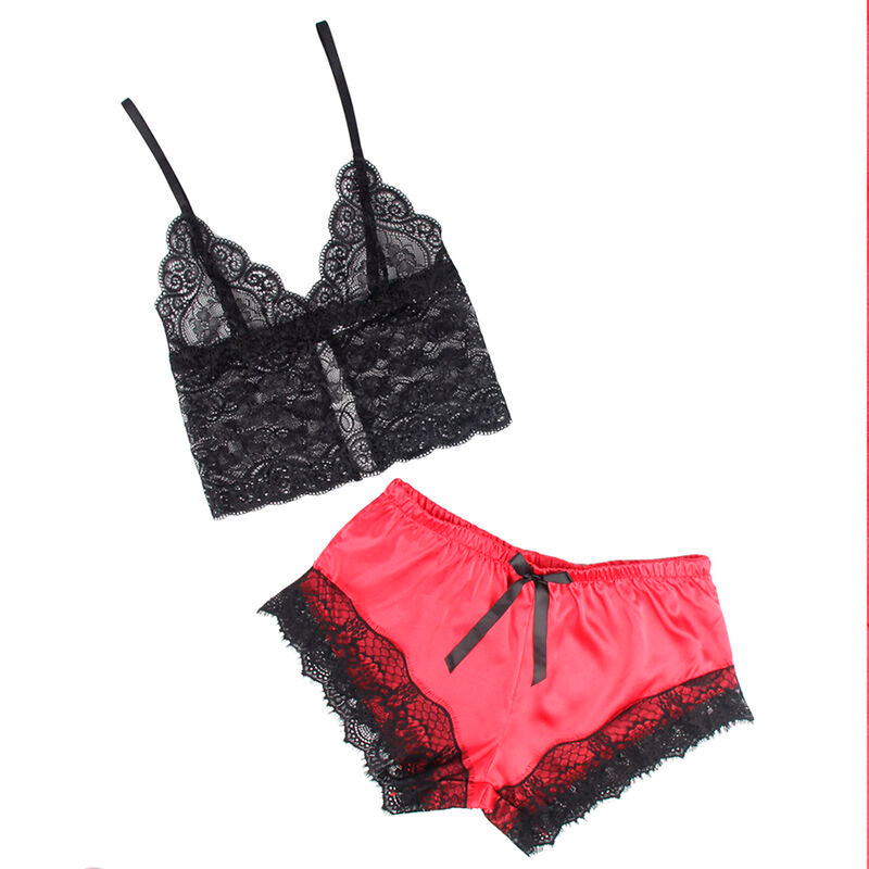 Ensemble Subblime a plat, bralette dentelle florale noire et short satin corail a finition festonnee, parure deux pieces bicolore sur fond blanc.