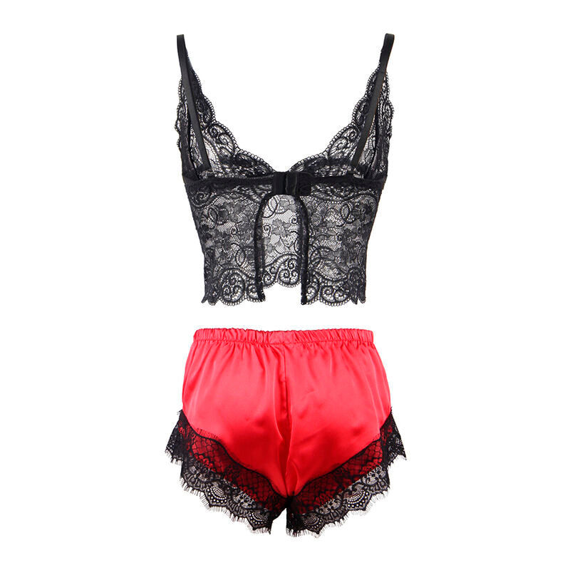 Bralette dentelle noire et short satin corail Subblime presentes a plat, vue dos, parure deux pieces contrastee aux finitions dentelle festonnee.