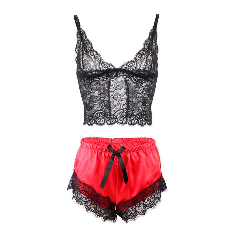 Ensemble Subblime a plat, bralette dentelle florale noire et short satin corail festonne, parure deux pieces bicolore sur fond blanc.
