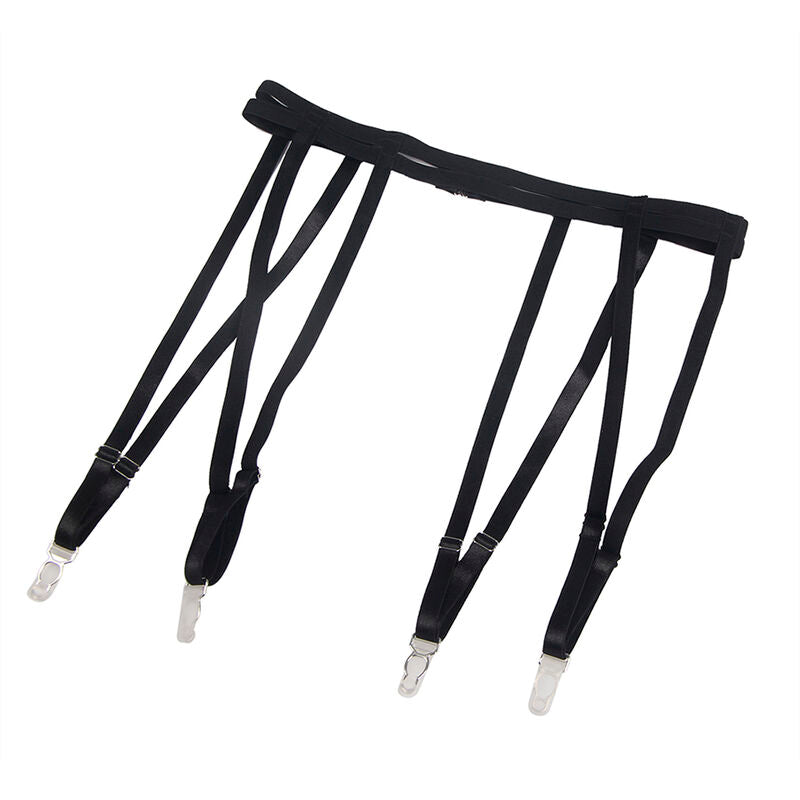 Porte-jarretelles a sangles noir Subblime presente seul sur fond blanc, multiples lanieres reglables et clips metalliques, detail produit accessoire lingerie.
