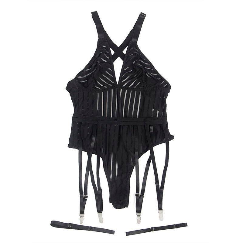 Body noir avec porte-jarretelles intégré — détail texture surface