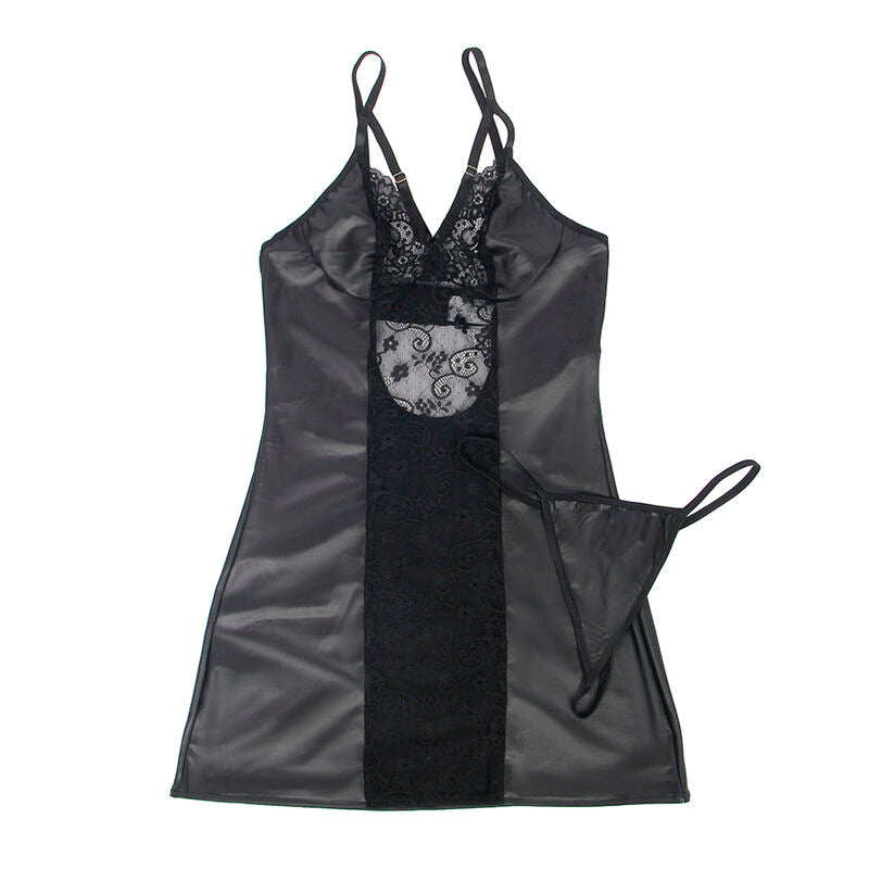 Robe en cuir noir Subblime presentee a plat de dos avec string assorti : panneau dentelle central, decoupe dorsale, bretelles fines, vue produit sur fond clair.
