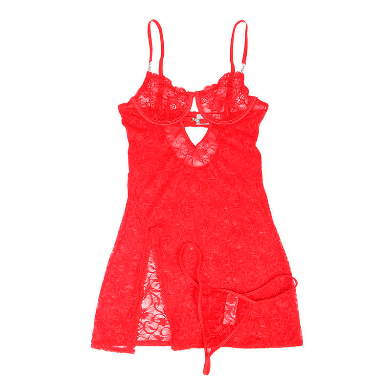 Babydoll rouge en dentelle évasé sensuel — vue de dos