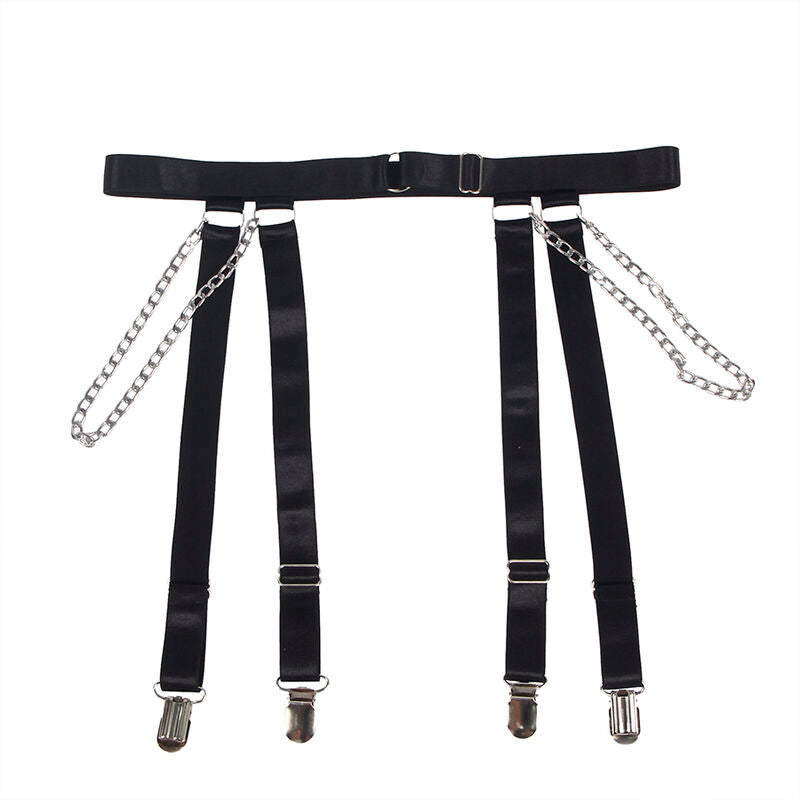 Porte-jarretelles noir Subblime presente a plat sur fond blanc, ceinture a sangles, chainettes argentees decoratives et pinces metalliques.