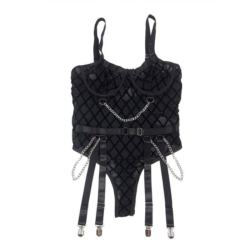 Bustier corset noir Subblime suspendu sur fond blanc, motif losange, chainettes argentees et jarretelles a pinces, vue de dos detaillee.