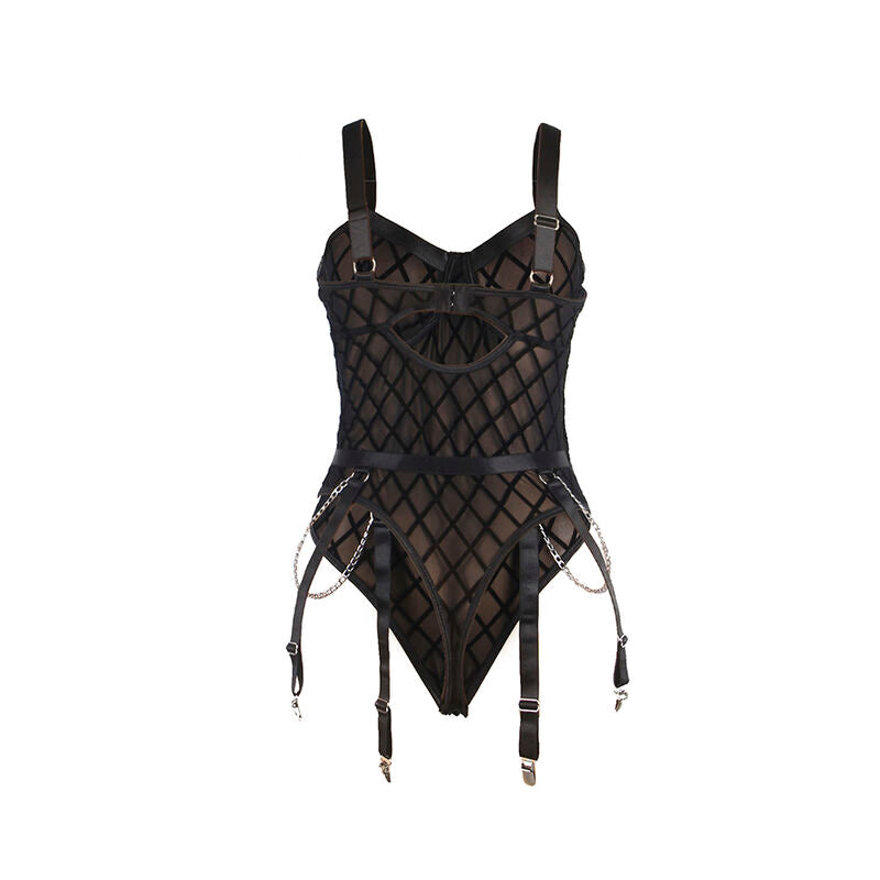 Bustier corset noir Subblime pose a plat de face sur fond blanc, motif losange ajoure et jarretelles a pinces metalliques, vue d'ensemble.