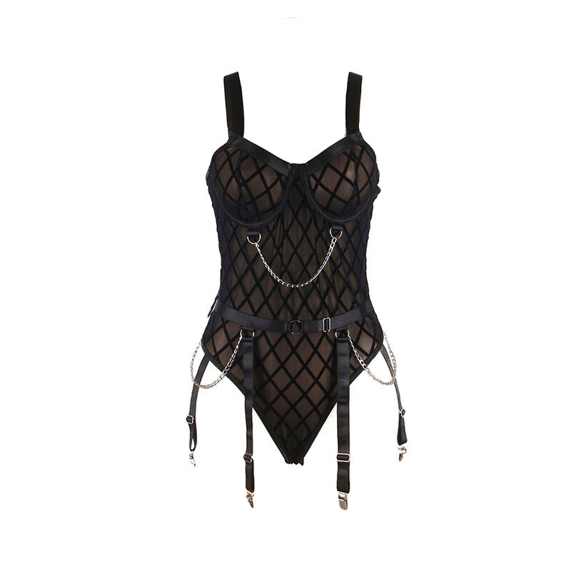 Body bustier noir a motif losange, chaine decorative et jarretelles a pinces, presente a plat illustrant la construction de la piece.
