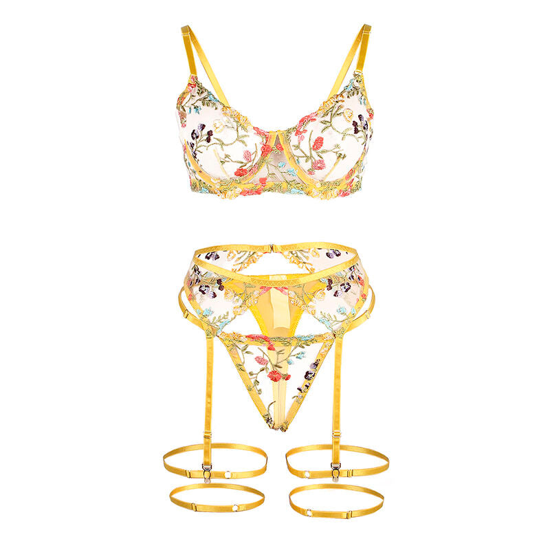 Ensemble lingerie jaune Subblime presente a plat sur fond blanc, soutien-gorge a broderie florale et culotte jarretiere assortie a anneaux de jambe.