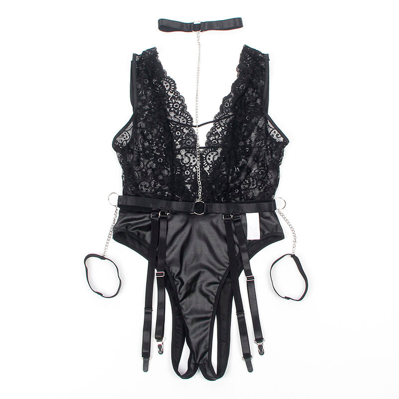 Teddy dentelle noire Subblime presente a plat, decollete zippe, panneau satine, jarretelles detachables et choker assorti.