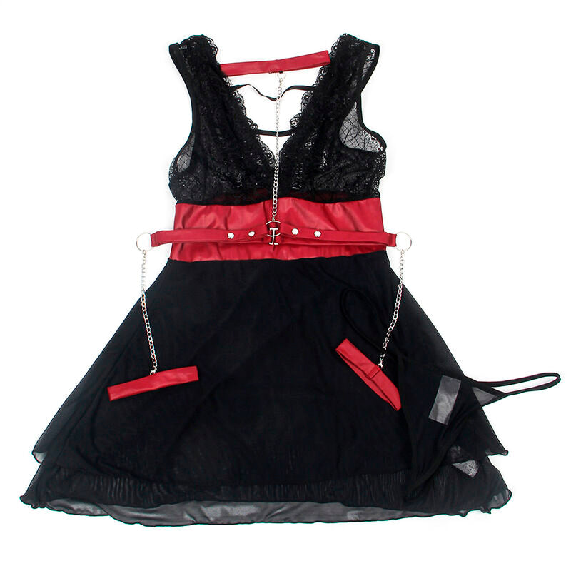 Babydoll noir Subblime presente seul sur cintre, bustier dentelle, ceinture et bretelles rouges satinees, jupe en voile transparent noir.