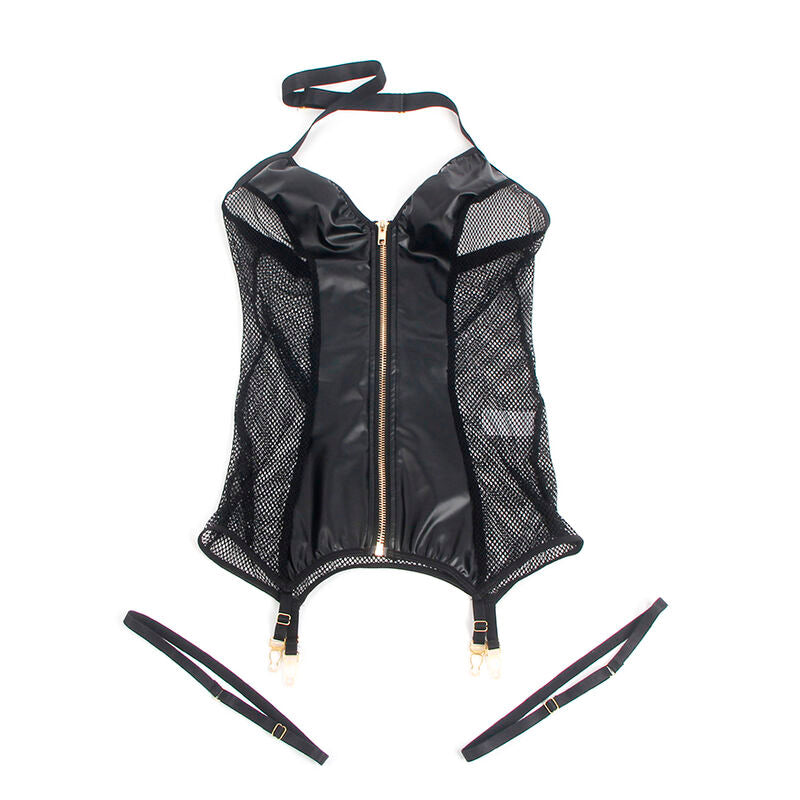 Nuisette wetlook noire Subblime presentee a plat, col halter croise, zip dore central, empiecements mesh et jarretieres detachables sur fond blanc.