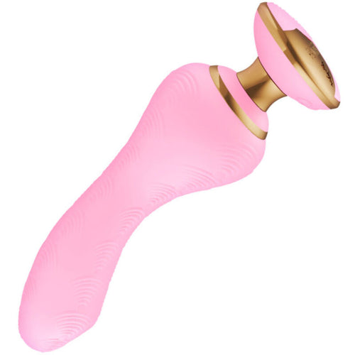 Vibromasseur Sanya Shunga rose vu de face, tige courbée texturée à tête bombée et large socle ventouse doré, silicone souple insertable pour stimulation du point G.