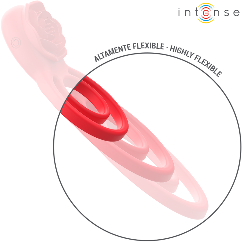 Gros plan sur la flexibilité du double anneau du cockring Gail, illustration Highly flexible