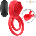 Cockring Gail Intense rouge en forme de rose, double anneau, avec sa télécommande noire, vue d'ensemble et gros plan sur les 10 modes de vibration