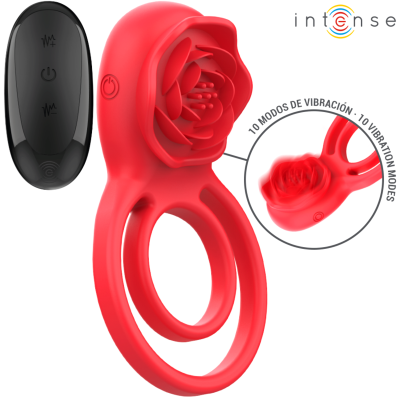 Cockring Gail Intense rouge en forme de rose, double anneau, avec sa télécommande noire, vue d'ensemble et gros plan sur les 10 modes de vibration