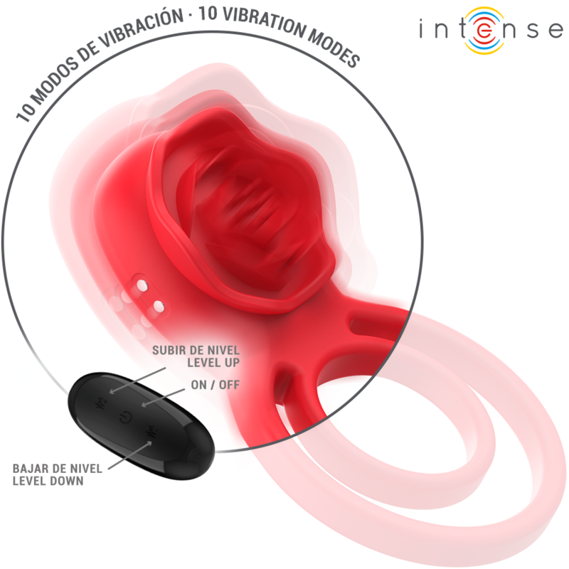 Illustration de la vibration du bouton en forme de rose de Gail, avec les commandes de la télécommande (niveau +, marche-arrêt, niveau -)