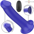 Gode Victoria Intense bleu foncé incurvé à tête arrondie avec ventouse, télécommande noire à côté, gros plan sur la ventouse et les 10 modes de vibration