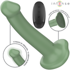 Gode Becca Intense vert incurvé à tête arrondie avec ventouse, télécommande noire à côté, gros plan sur la ventouse et les 10 modes de vibration