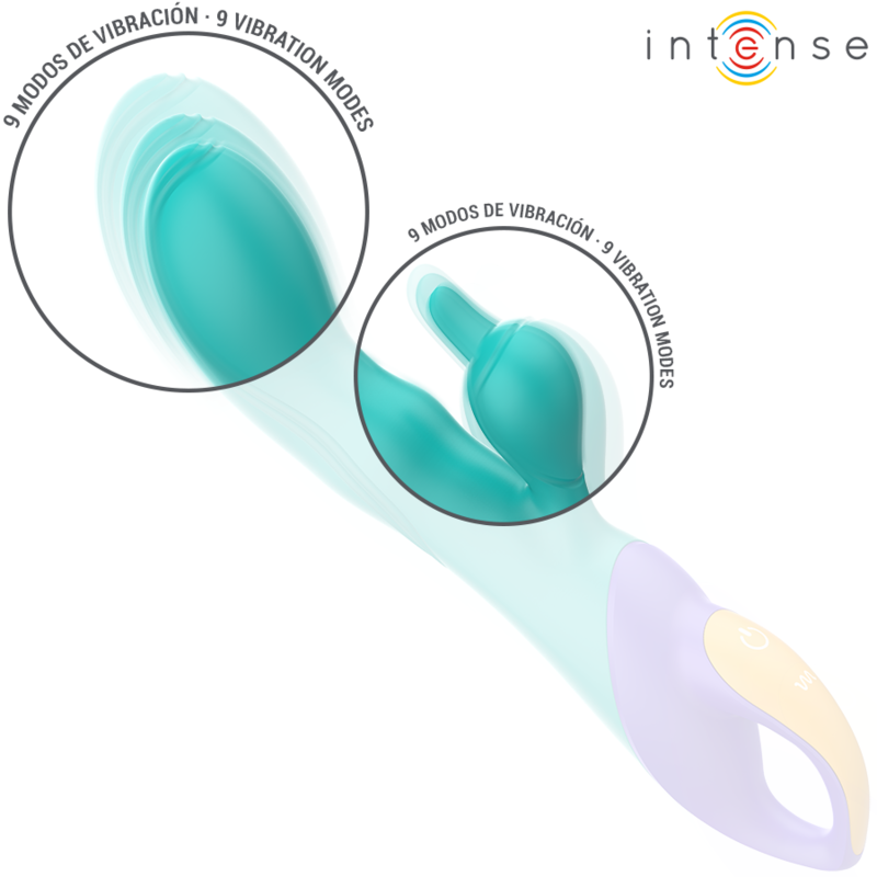 Vibromasseur rabbit double stimulation en silicone bleu — vue de profil