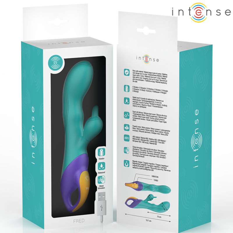 Emballage du vibromasseur Intense Fred, boite turquoise illustrant le rabbit en silicone et ses fonctions, double stimulation point G et clitoris.