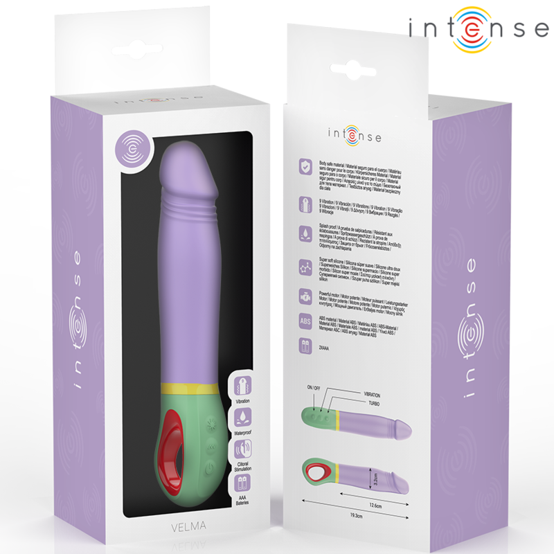 Boite Intense Velma violette présentant le vibromasseur point G à tige sculptée, visible par la fenêtre. Stimulateur interne en silicone à plusieurs modes.
