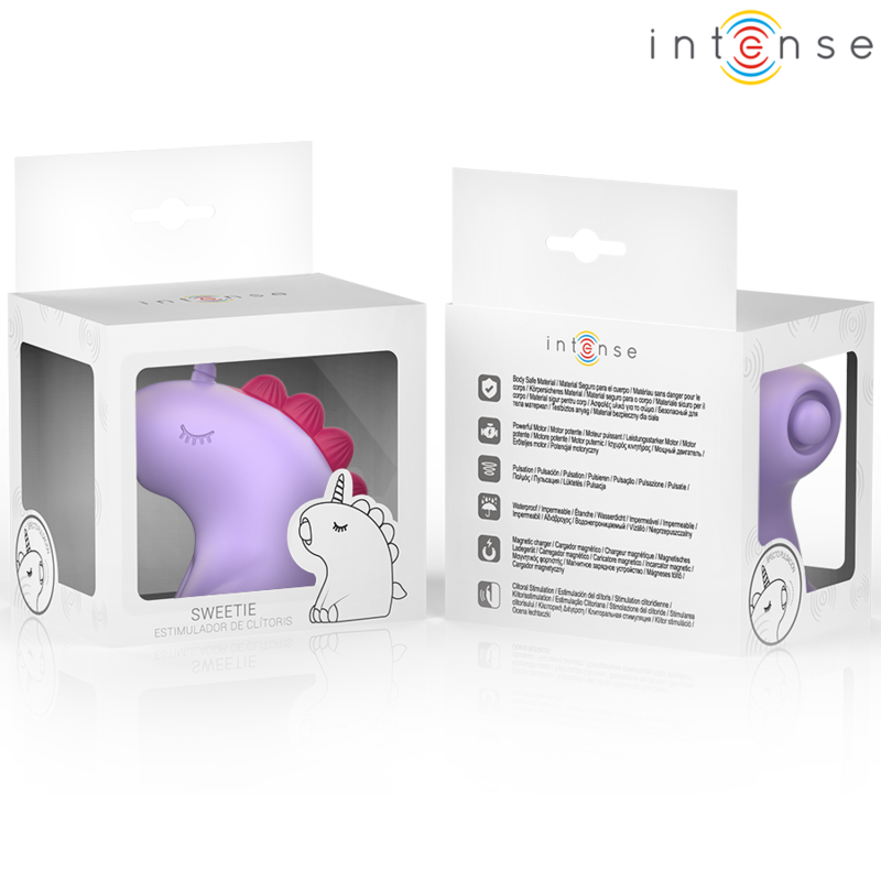 Boite Intense Sweetie presentant le stimulateur licorne lilas et sa fiche illustree, packaging fantaisie du sextoy clitoridien à mouvement mécanique en silicone.