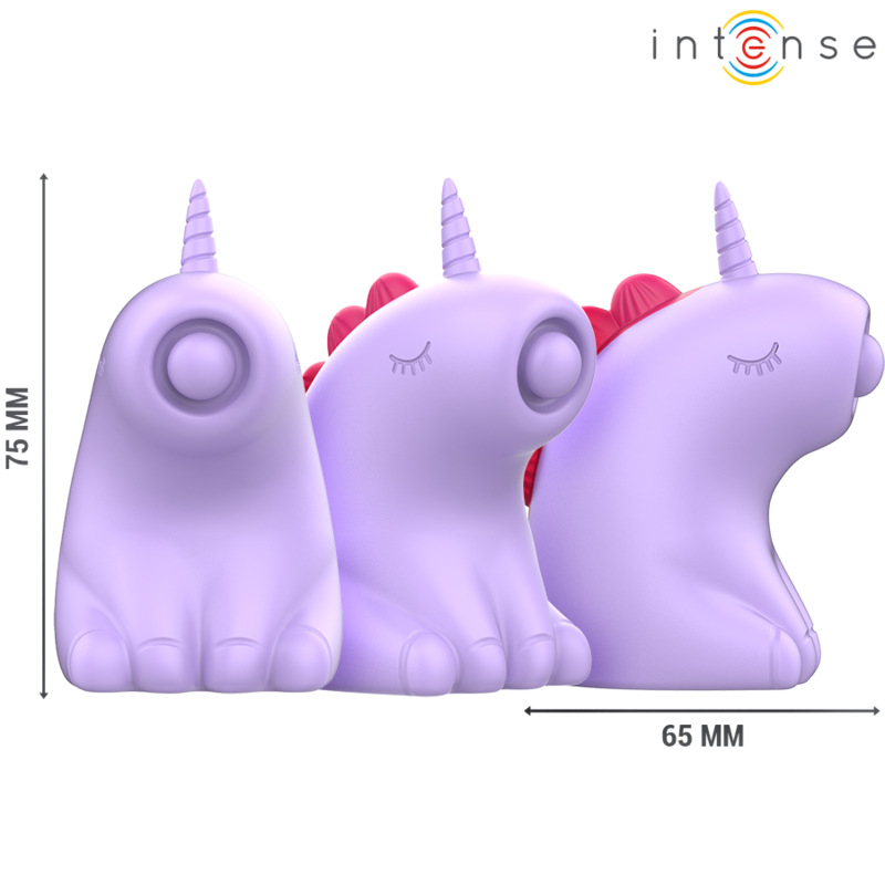 Trio de stimulateurs licorne lilas vus de profil, dimensions 75 mm et 65 mm, sextoy clitoridien fantaisie en silicone à mouvement mécanique rythmé.